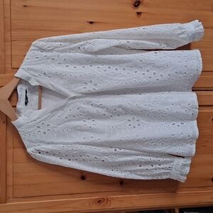 PrettyGarden White Cotton Eyelet Ruffle Lace Long Sleeve Blouse Size Medium